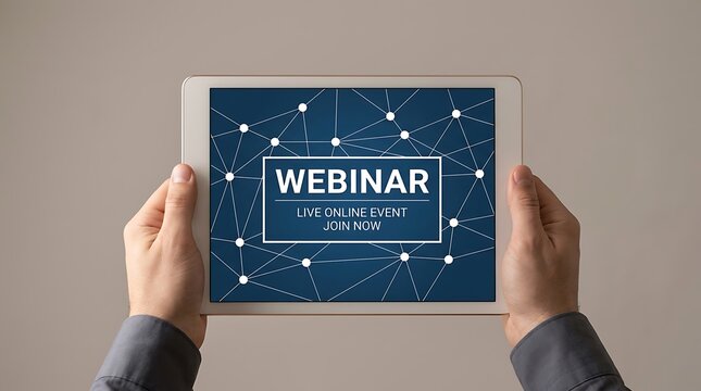 Hands holding a tablet displaying a webinar live online event invitation with a blue background, and white geometric, network pattern