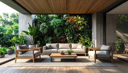 Fototapeta premium Modern patio seating area with green wall backdrop.