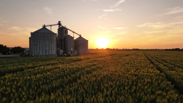 Aerial view of metallic grain silos standing in a lush green wheat field during a golden sunset with soft shadows across the rural landscape