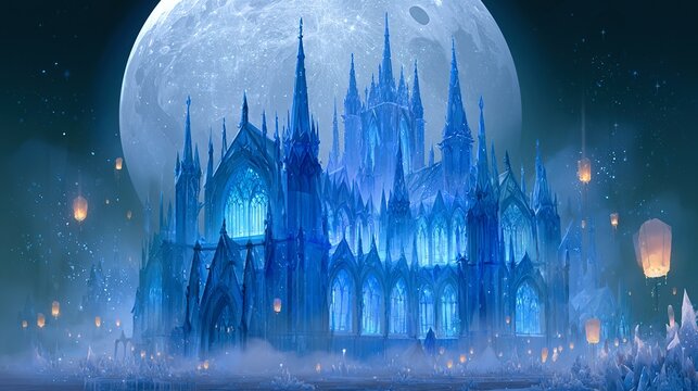 Majestic gothic cathedral made of translucent blue crystal, glowing from within under massive silver full moon placed in misty autumn woodland glade