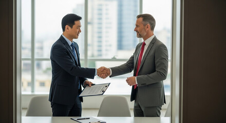Fototapeta premium Business professionals handshake corporate meeting success partnership office modern suits collaboration deal teamwork