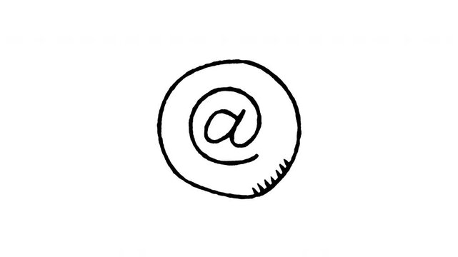 Animated 4K email @ symbol doodle icon. White hand drawn line art on black and green screen backgrounds for contact, digital address, communication, electronic mail, and message video editing.