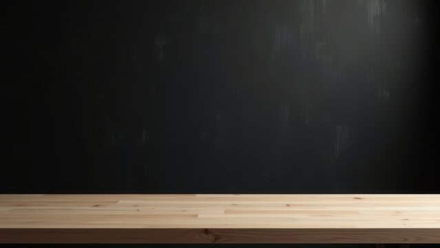 minimalist flat lay of empty light wood tabletop against dark textured wall for product mockup advertising copy space
