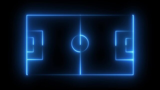 Animation of neon sports stadium on black background with neon lights match football isometric field video animation, Soccer field stadium or football lawn with panoramic.4K video