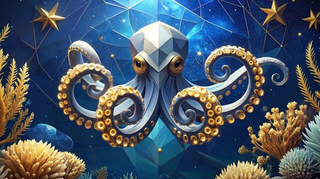 Geometric gold and blue octopus in deep ocean.