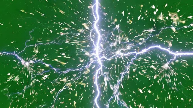 Bright electric sparks and glowing energy arcs dancing across a professional chroma key green background with dynamic motion