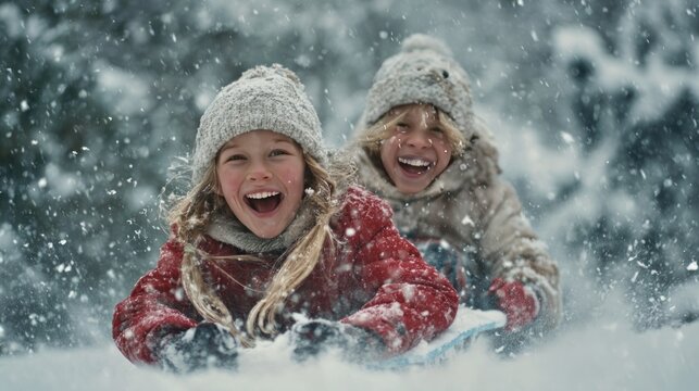 children sledding down a snowy hill laughing joyfully, Christmas spirit,