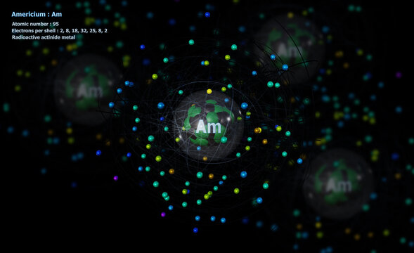 Atom of Americium with Core and 95 Electrons on black with other Atoms in background