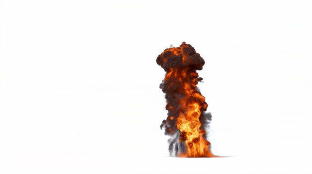 Dynamic explosion rises upward with intense orange and yellow flames column and billowing dark smoke cloud at the top on a white background