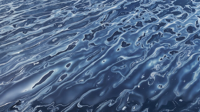 Close view of rippling water in a cool palette of deep blues silvers and whites and textured with flowing wave-like patterns surface and highlights glinting off the water