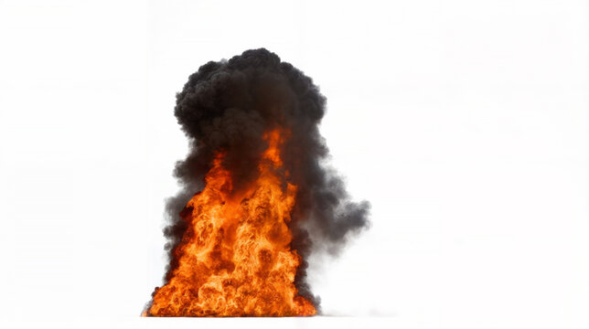 Massive and intense fire with bright orange and yellow flames erupts upwards billowing thick dark black smoke that spreads on a white background