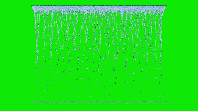 Front view of Dripping Water with a Small Flow from a large linear source to the ground on a perfect green background