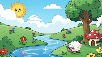 Obraz premium Cute cartoon landscape featuring a winding river, a mushroom house, a grazing sheep, and a smiling sun in a bright blue sky with clouds