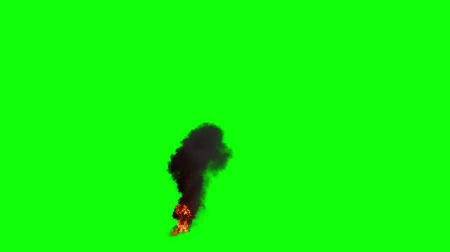 High Angle view of Tiny Oil Fire with Tall Flames in varying Orange and Dense Smoke Plume with fast Dissipation on a perfect Green Background