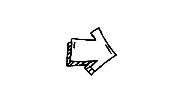 4K hand drawn navigation arrow with shadow icon featuring boiling line movement. Frame by frame doodle art on black and green screen backgrounds for direction, forward, move, next, and way edits.