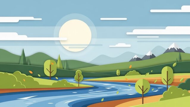 Flat landscape featuring a winding river flowing through green rolling hills under a soft sun and blue sky with clouds