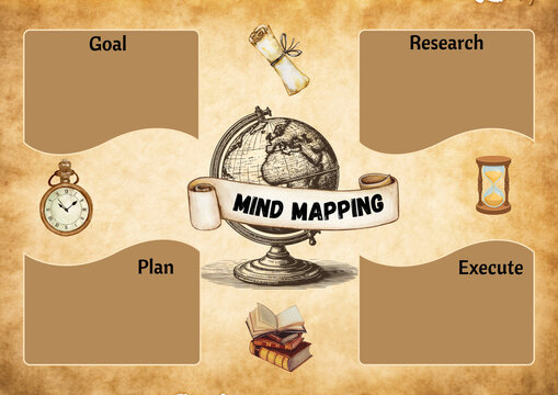 Vintage mind mapping template, antique parchment infographic layout