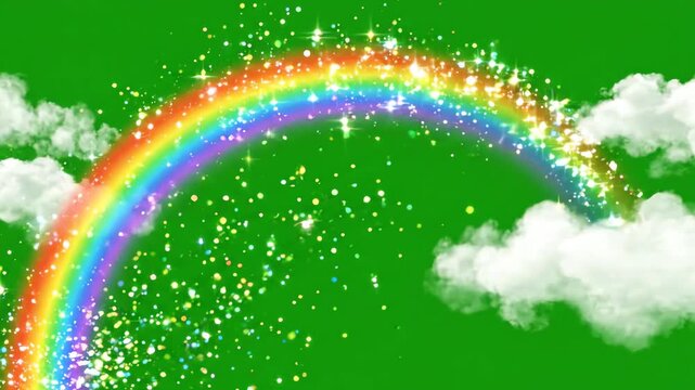 Colorful rainbow arching slowly across a bright green screen background with shimmering light particles and soft clouds moving through the sky
