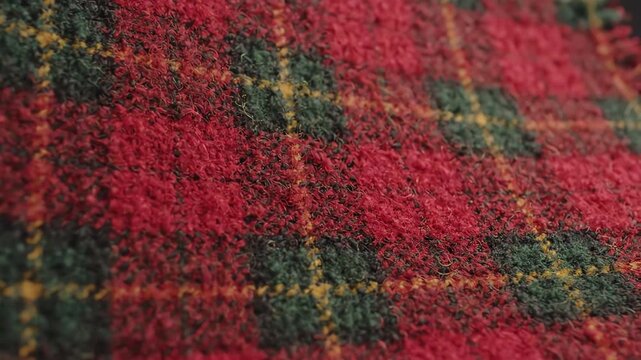 Detailed close up shot of a red and green tartan plaid woven textile with warm woolen texture slowly rotating under soft studio lighting