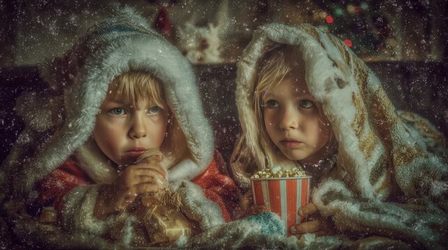 children watching Christmas movie with popcorn and blankets,
