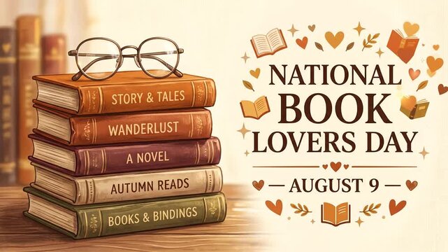 National Book Lovers Day celebration animation with stack of books and text