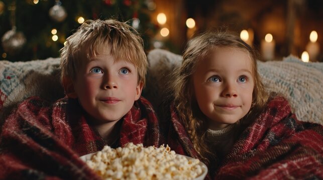 children watching Christmas movie with popcorn and blankets,