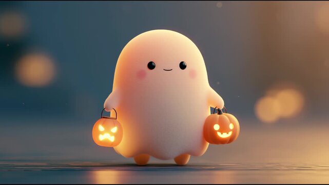 Cute 3D ghost animation holding glowing jack o lantern buckets against a soft dark background, creating a playful Halloween concept with copy space for seasonal designs and festive projects