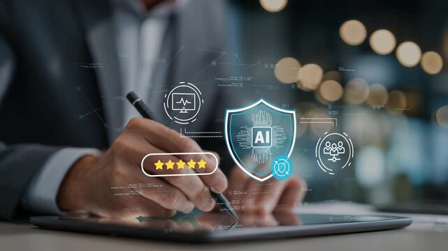 AI security platform concept with protected artificial intelligence system, enterprise data protection, secure automation framework and businessman working in modern office