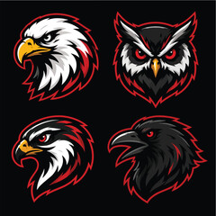 Naklejka premium Esports Mascot Bird Logos Set - Eagle Owl Hawk and Raven Heads