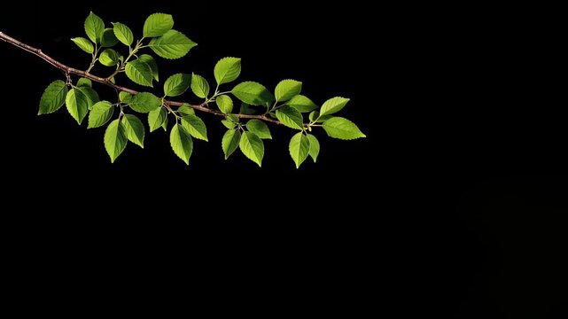 Green tree branch with fresh leaves isolated on black background. Seasonal nature foliage growth. Botanical element for ecological design and environment concept.