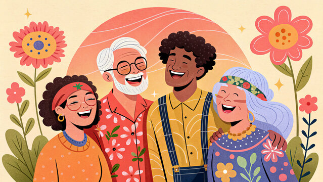 Four diverse elderly and middle-aged people stand closely together, laughing heartily, framed by large decorative flowers and a warm gradient orange sun halo background, full of joyful atmosphere.


