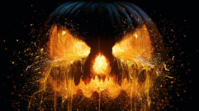 Macro view of pumpkin's carved face, liquid gold stardust leaking from eyes, swirling magical energy situated under twilight night canopy