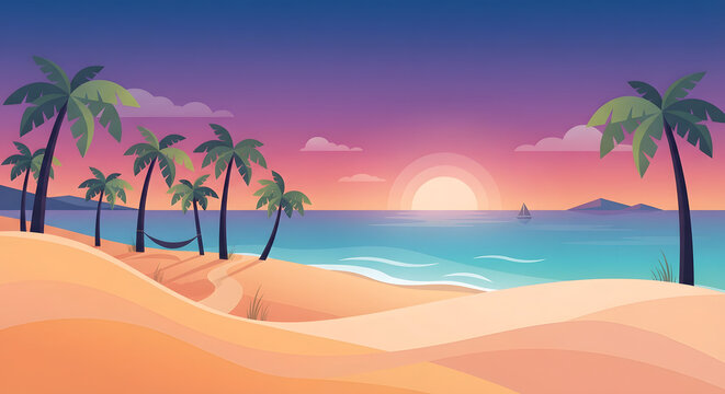 Tropical beach sunset with palm trees and hammock
