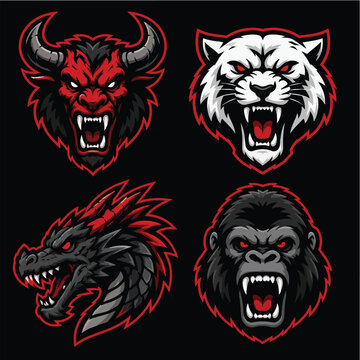 Esports Mascot Logo Set: Bull White Tiger Dragon and Gorilla