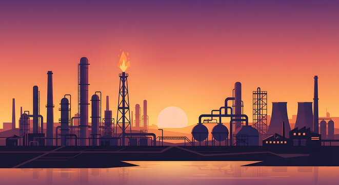 Industrial petrochemical plant at sunset silhouette