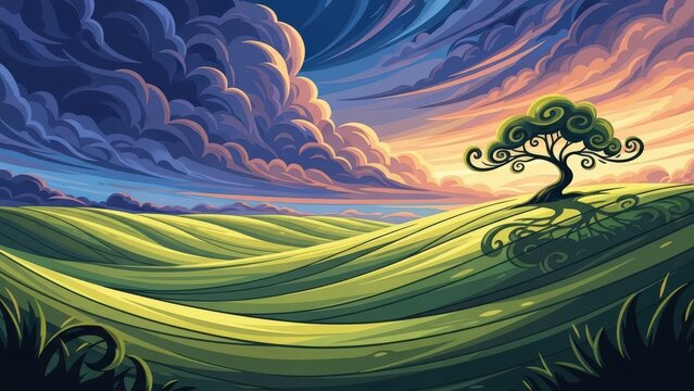 Surreal landscape with a single stylized tree on a rolling green hill, dramatic dark storm clouds, and a golden sunset sky in a style