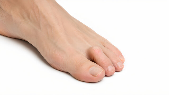 Hammer toe deformity in human toes, photorealistic medical 3D render showing a flexed second toe with realistic foot anatomy, clean clinical background, copy space for healthcare and patient education