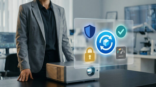 Business professional using advanced holographic projector technology for data security management and software system updates in a modern office.