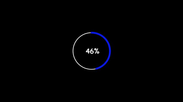 Animated blue circular progress bar completing 100 percentage load text on a black background, ideal for tech videos, system updates, and digital overlays.