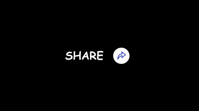 Animated white Share text with a blue arrow icon in a circle on a black background, designed for social media call to action and video end screens.