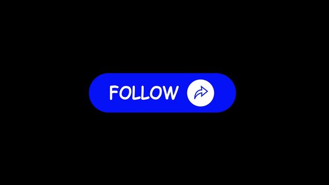 Animated blue rounded pill button featuring Follow text with a white arrow icon on a black background, perfect for social media profile call to action overlay.