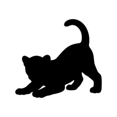 Fototapeta premium Black silhouette of a playful cat stretching its body, isolated on a white background, for pet and animal themed projects
