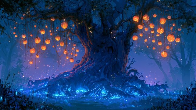 Giant ancient tree with hanging glowing pumpkin ornaments instead of fruit, bioluminescent roots positioned in enchanted garden clearing