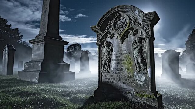 Old stone graveyard with mysterious fog and moonlight shining over ancient headstones and tall monuments at midnight