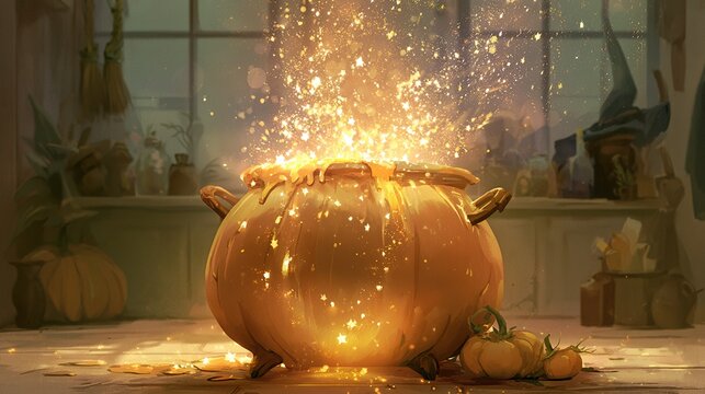 Magical cauldron shaped like pumpkin, overflowing with glowing golden light sparkling stars, set in cozy witch's kitchen during golden hour with bokeh
