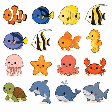 Set of 16 Cute Kawaii Sea Creatures Cartoon Vector Illustrations