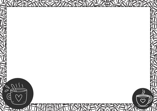 Coffee bean frame border, cafe menu background, hand drawn cup icons