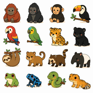 Cute Rainforest Jungle Animal Vector Illustrations Set