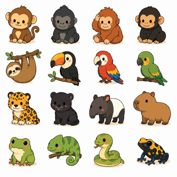 Cute Kawaii Jungle and Rainforest Animal Vector Collection