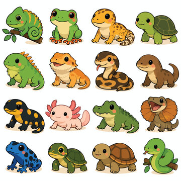 Cute Cartoon Reptiles and Amphibians Chibi Vector Sticker Set